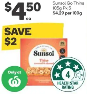 Woolworths Sunsol Go Thins 105g Pk 5 offer