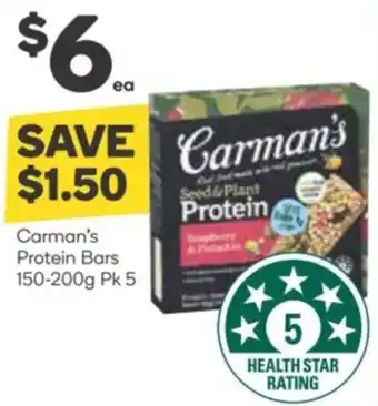 Woolworths Carman's Protein Bars 150-200g Pk 5 offer