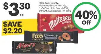 Woolworths Mars, Twix, Bounty, Maltesers Biscuits 110-132g, Fox's Chocolate Rounds 130g or M&M, Twix Cookies 144-180g offer