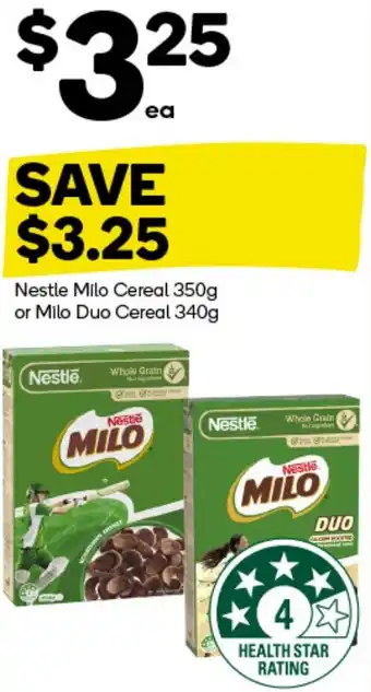 Woolworths Nestle Milo Cereal 350g or Milo Duo Cereal 340g offer