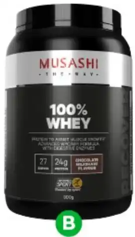 Woolworths Musashi 100% Whey Protein Powder 900g offer