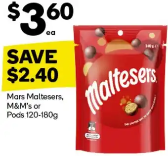 Woolworths Mars Maltesers, M&M's or Pods 120-180g offer