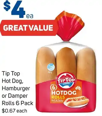 Tip Top Hot Dog, Hamburger or Damper Rolls 6 Pack
