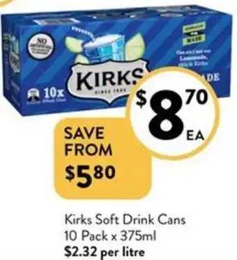 Foodworks Kirks Soft Drink Cans 10 Pack x 375ml offer