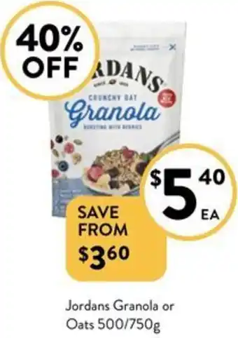 Foodworks Jordans Granola or Oats 500/750g offer