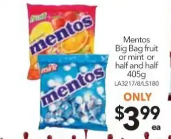 Cheap as Chips Mentos Big Bag Fruit or Mint or Half and Half 405g offer