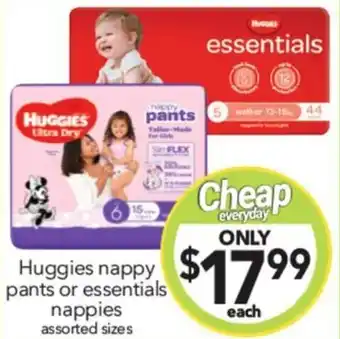 Cheap as Chips Huggies nappy pants or essentials nappies assorted sizes offer