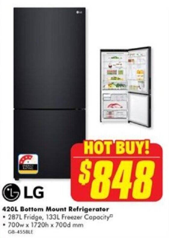 LG 420L Bottom Mount Refrigerator offer at The Good Guys