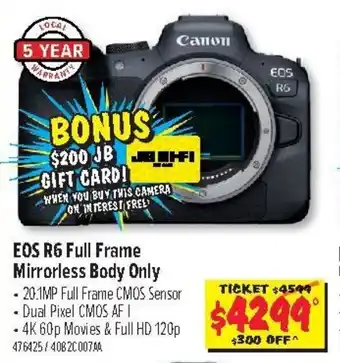 JB Hi-Fi EOS R6 Full Frame Mirrorless Body Only offer