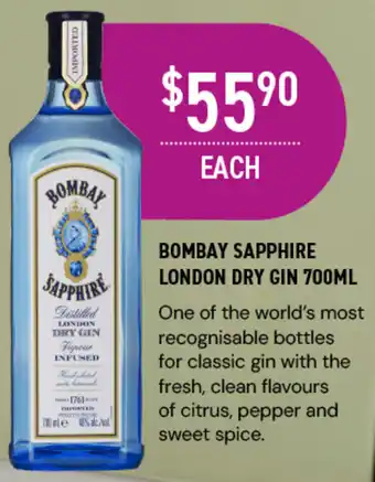 BOMBAY SAPPHIRE LONDON DRY GIN 700ML