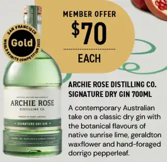 Dan Murphy's ARCHIE ROSE DISTILLING CO. SIGNATURE DRY GIN 700ML offer