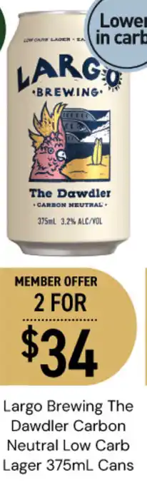 Largo Brewing The Dawdler Carbon Neutral Low Carb Lager 375mL Cans
