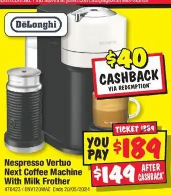 JB Hi-Fi Nespresso Vertuo Next Coffee Machine With Milk Frother offer