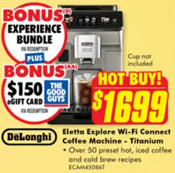 The Good Guys DeLonghi Eletta Explore Wi-Fi Connect Coffee Machine - Titanium offer