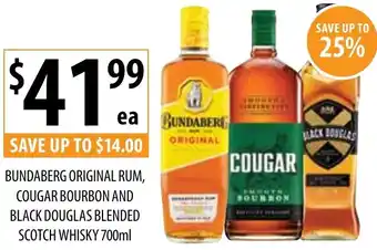 Supabarn BUNDABERG ORIGINAL RUM, COUGAR BOURBON AND BLACK DOUGLAS BLENDED SCOTCH WHISKY 700ml offer