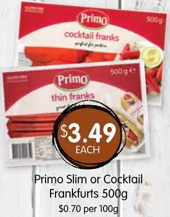 Spudshed Primo Slim or Cocktail Frankfurts 500g offer