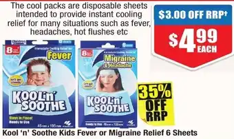 Chemist Warehouse Kool 'n' Soothe Kids Fever or Migraine Relief 6 Sheets offer