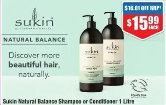 Chemist Warehouse Sukin Natural Balance Shampoo or Conditioner 1 Litre offer