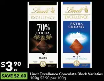 Ritchies Lindt Excellence Chocolate Block Varieties 100g offer