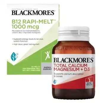 Coles Blackmores B12 Rapi-Melts 1000mcg 60 Pack or Total Calcium Magnesium + D3 125 Pack offer