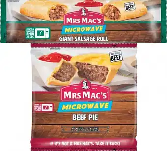 Coles Mrs Macu2019s Microwave Sausage Roll or Beef Pie 175g offer