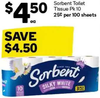 Woolworths Sorbent Toilet Tissue Pk 10 offer