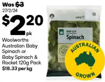 Woolworths Woolworths Australian Baby Spinach or Baby Spinach & Rocket 120g Pack offer