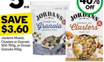 Woolworths Jordans Muesli, Clusters or Granola 500-750g, or Dorset Granola 450g offer