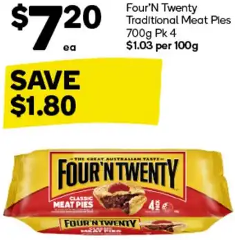 Woolworths Four'N Twenty Traditional Meat Ples 700g Pk 4 offer