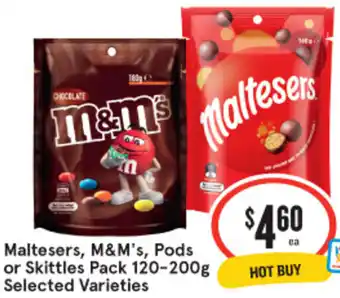 IGA Maltesers, M&M's, Pods or Skittles Pack 120-200g offer