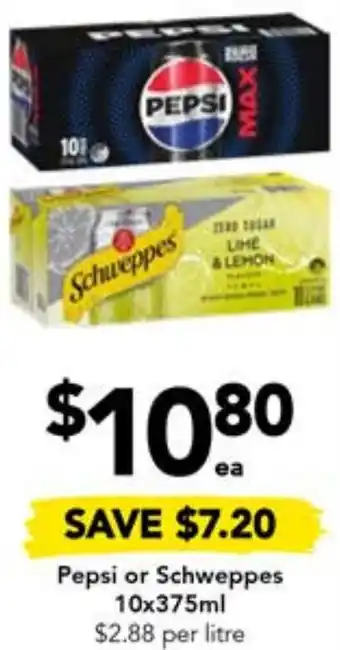 Drakes Pepsi or Schweppes 10x375ml offer