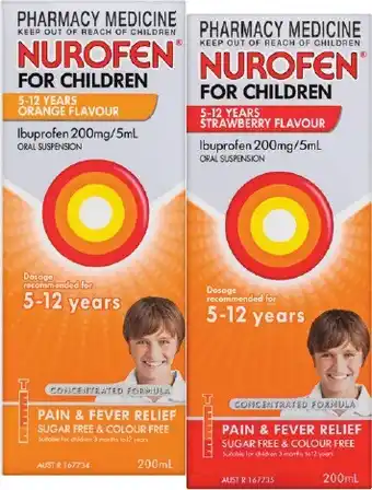 Pharmacy Best Buys Nurofen For Children 5-12 Years Orange or Strawberry Flavour 200mL offer