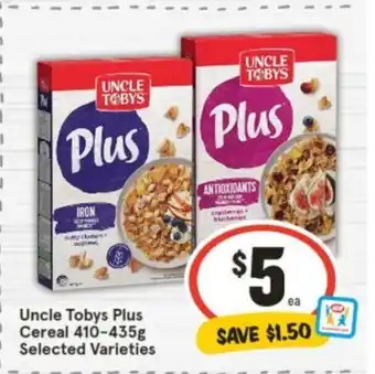 IGA Uncle Tobys Plus Cereal 410-435g offer