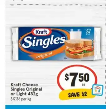 IGA Kraft Cheese Singles Original or Light 432g offer