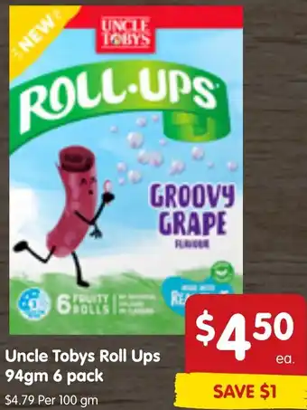 Spar Uncle Tobys Roll Ups 94gm 6 pack offer