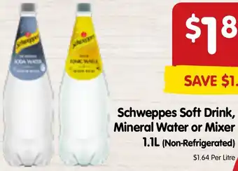 Spar Schweppes Soft Drink, Mineral Water or Mixer 1.1L offer