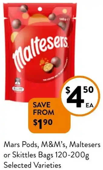 Foodworks Mars Pods, M&M's, Maltesers or Skittles Bags 120-200g offer