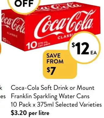 Coca-Cola Soft Drink or Mount Franklin Sparkling Water Cans 10 Pack x 375ml