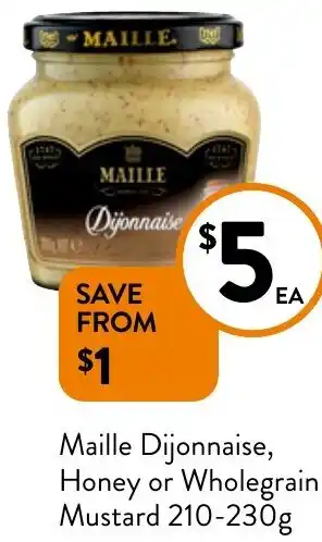 Foodworks Maille Dijonnaise, Honey or Wholegrain Mustard 210-230g offer