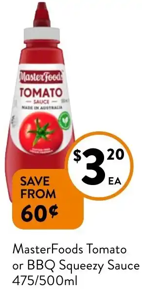 Foodworks MasterFoods Tomato or BBQ Squeezy Sauce 475/500ml offer