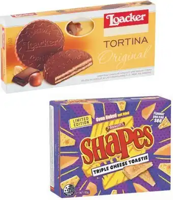 Coles Loacker Tortina Chocolate Biscuits 125g or Arnottu2019s Shapes Crackers 160g-190g offer