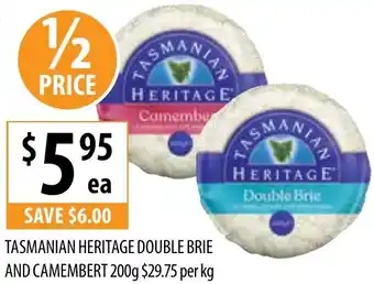 Supabarn TASMANIAN HERITAGE DOUBLE BRIE AND CAMEMBERT 200g offer