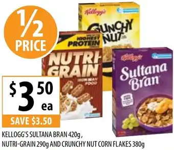 Supabarn KELLOGG'S SULTANA BRAN 420g, NUTRI-GRAIN 290g AND CRUNCHY NUT CORN FLAKES 380g offer