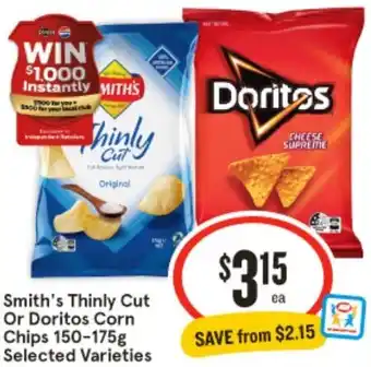 IGA Smith's Thinly Cut Or Doritos Corn Chips 150-175g offer