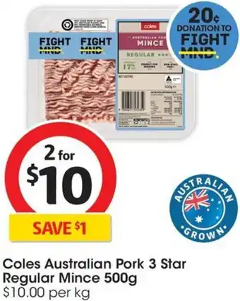 Coles Coles Australian Pork 3 Star Regular Mince 500g offer