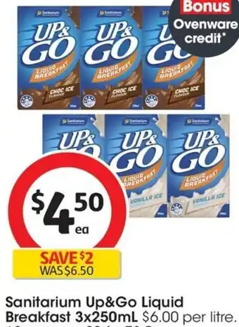 Coles Sanitarium Up&Go Liquid Breakfast 3x250mL offer