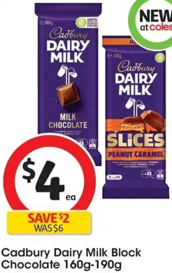 Coles Cadbury Dairy Milk Block Chocolate 160g-190g offer