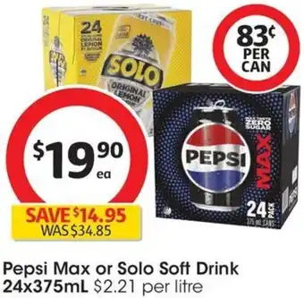 Coles Pepsi Max or Solo Soft Drink 24x375mL offer