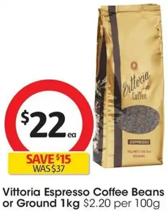 Coles Vittoria Espresso Coffee Beans or Ground 1kg offer