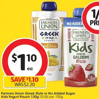 Coles Farmers Union Greek Style or No Added Sugar Kids Yogurt Pouch 130g offer